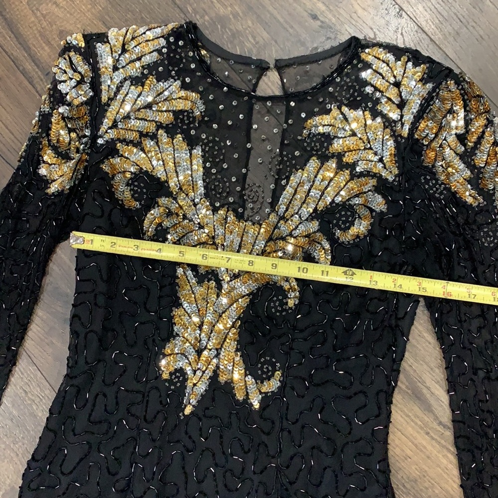 VINTAGE Laurence Kazar Pure Silk Beaded Dress Size Small, Black Gold & Sequin - Picture 8 of 15